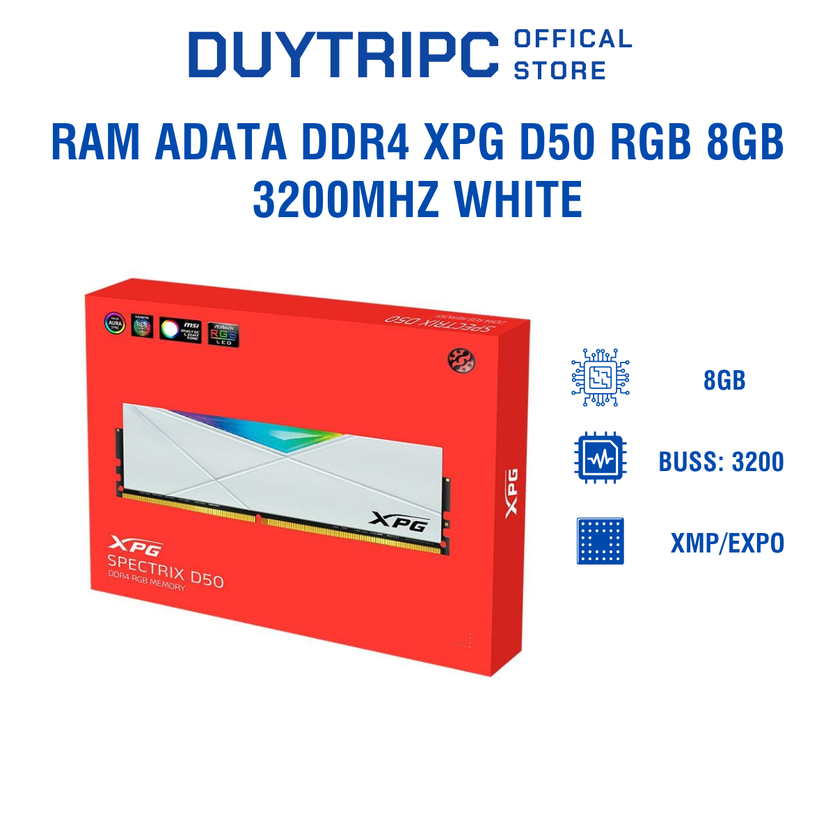 Ram ADATA DDR4 XPG D50 RGB 8GB 3200MHz White